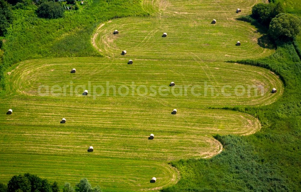 Aerial photograph Mirow - Straw bale landscape in a field on the outskirts in Mirow in the state Mecklenburg - Western Pomerania