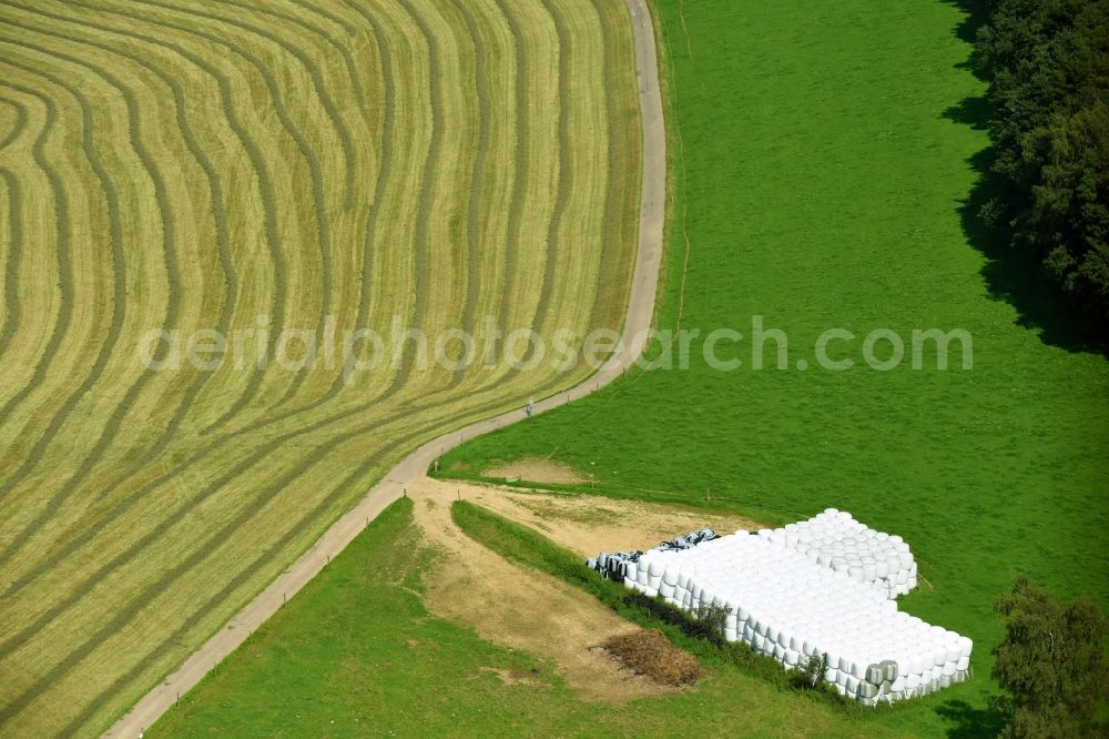 Aerial photograph Winkel - Straw stack in an agricultural warehouse space in Winkel in the state North Rhine-Westphalia, Germany