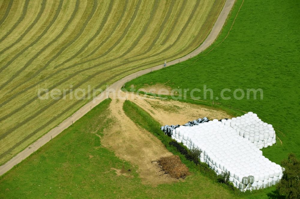 Winkel from above - Straw stack in an agricultural warehouse space in Winkel in the state North Rhine-Westphalia, Germany