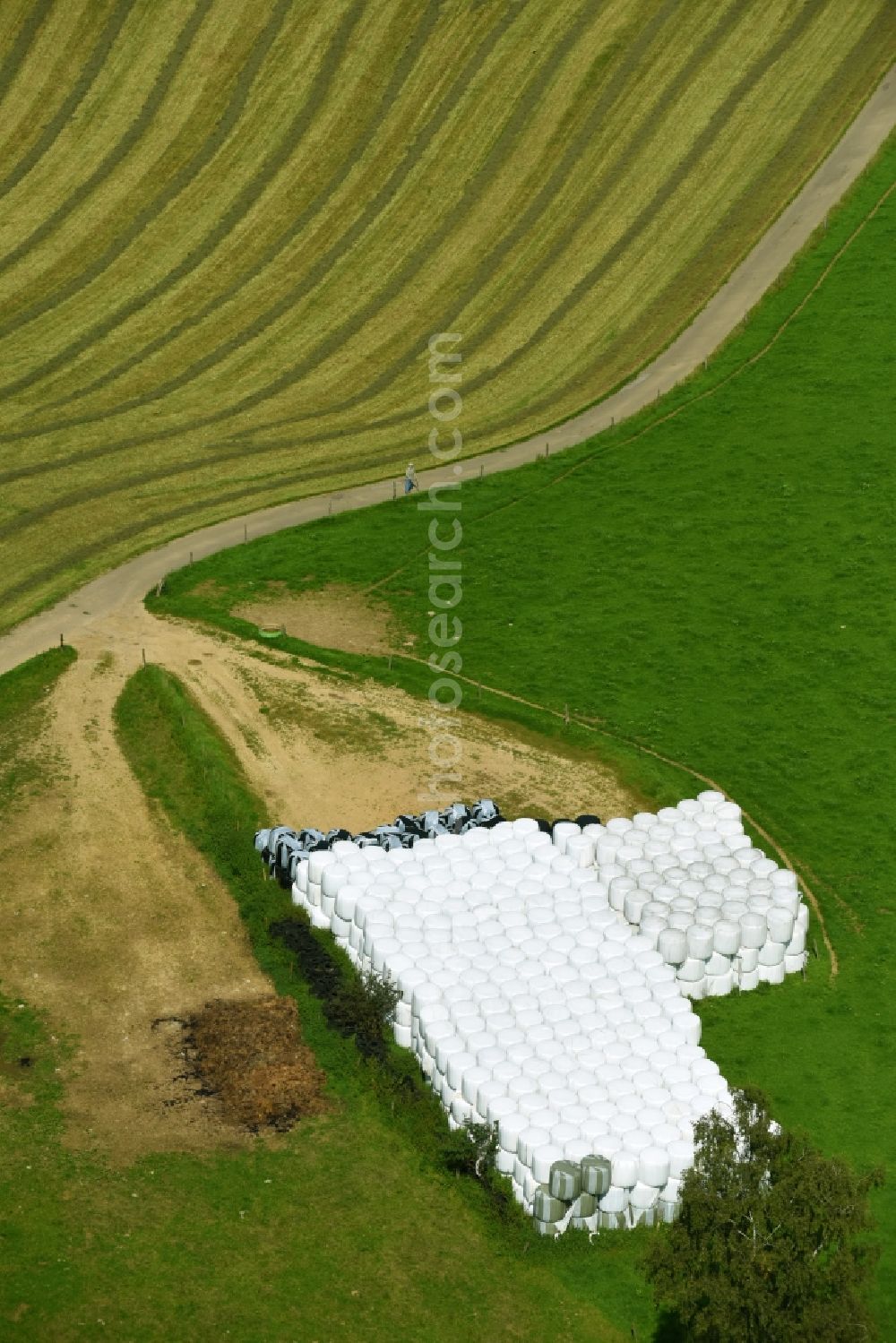 Winkel from the bird's eye view: Straw stack in an agricultural warehouse space in Winkel in the state North Rhine-Westphalia, Germany