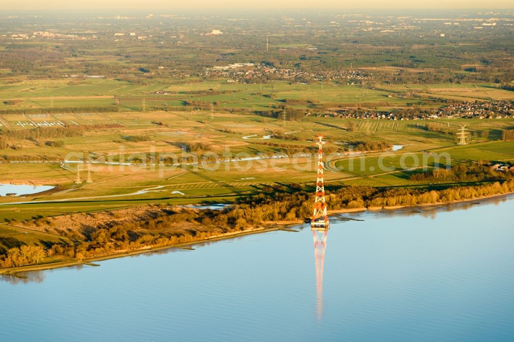 Hollern-Twielenfleth from above - Power tower-construction of a road and Interconnector above the river Elbe in Hollern-Twielenfleth in the state Niedersachsen, Germany