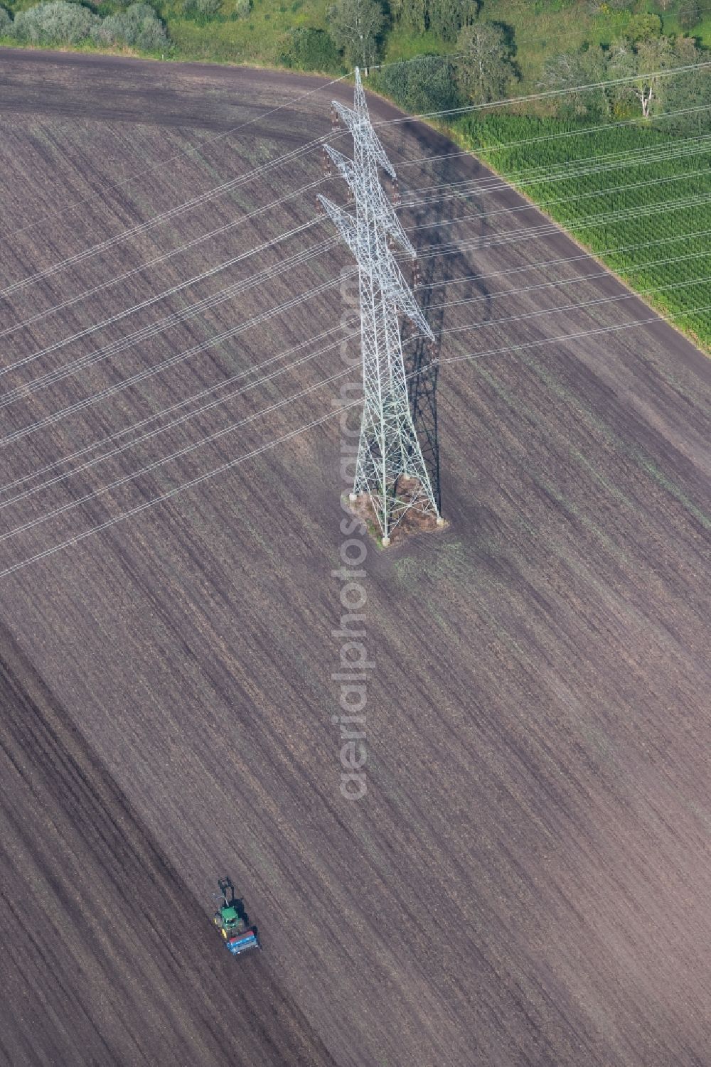 Neuching from above - Power tower-construction of a road and Interconnector in Neuching in the state Bavaria, Germany