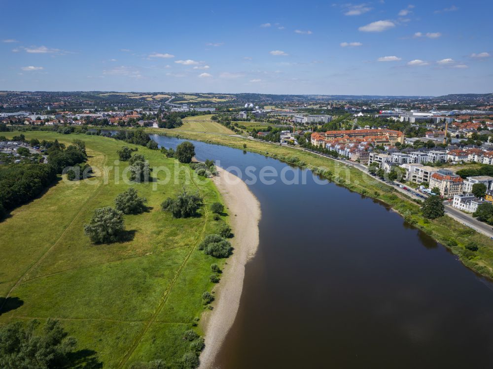 Dresden from the bird's eye view: Grassland structures of a meadow and field landscape in the lowland of the River Elbe on street Buergerstrasse in the district Pieschen in Dresden in the state Saxony, Germany