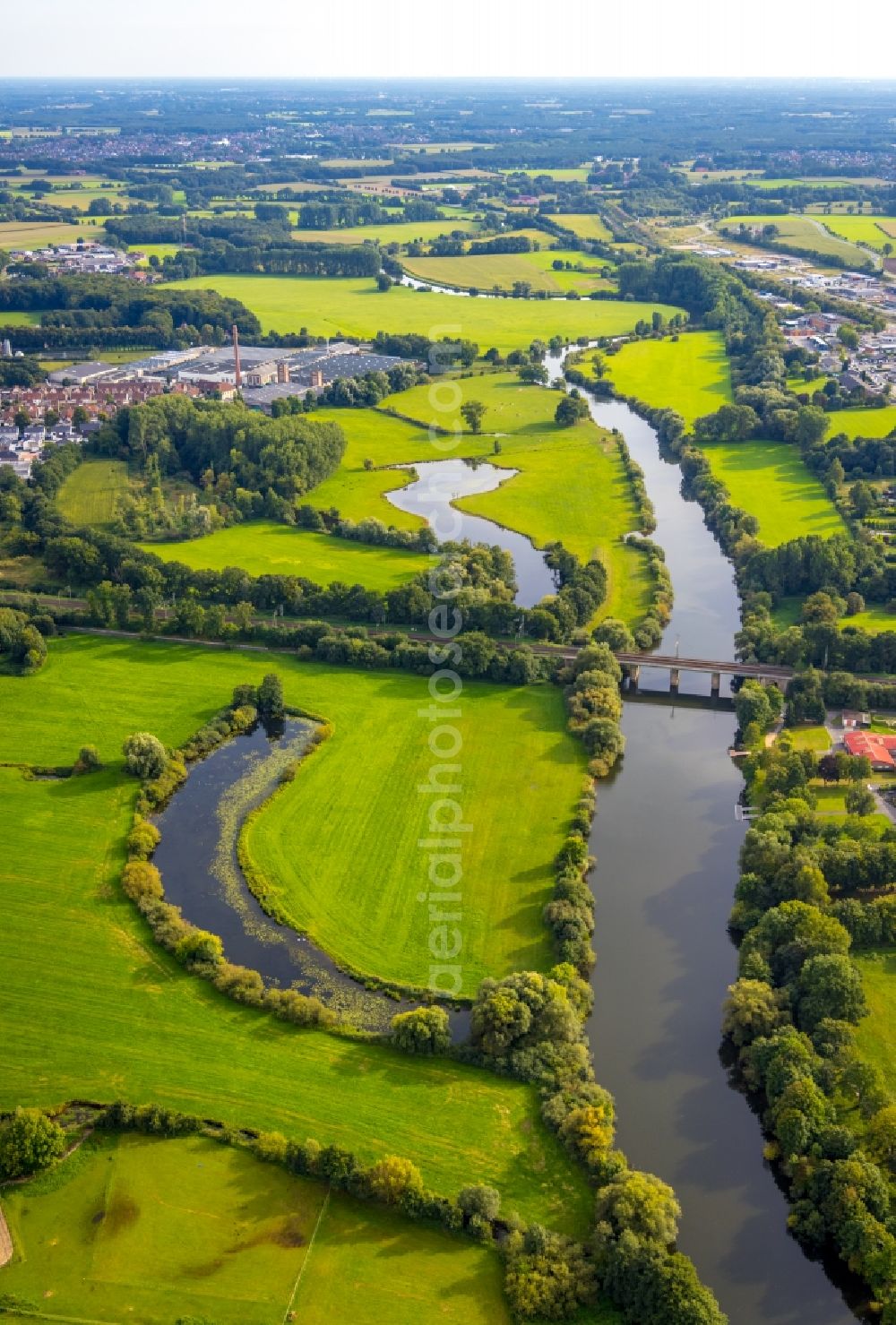 Gellendorf from above - Grassland structures of a meadow and field landscape in the lowland of Ems in Gellendorf in the state North Rhine-Westphalia, Germany