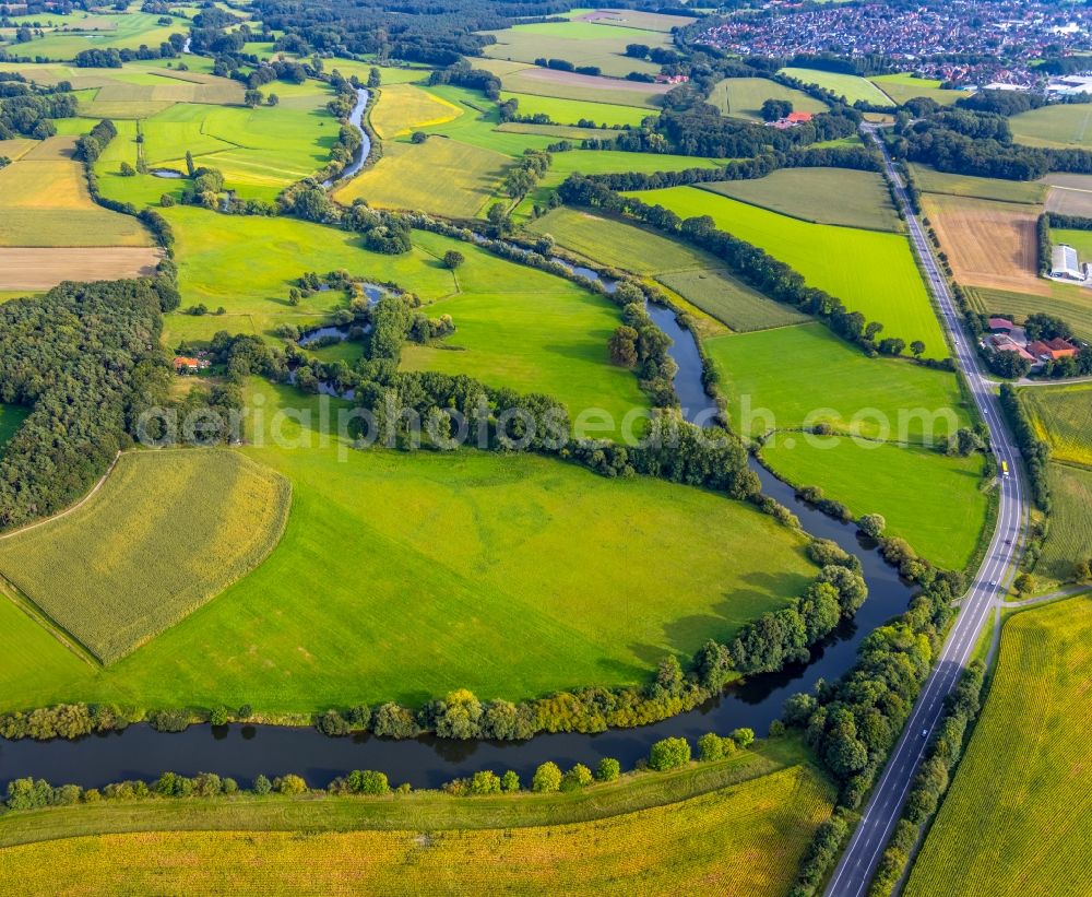 Aerial image Gellendorf - Grassland structures of a meadow and field landscape in the lowland of Ems in Gellendorf in the state North Rhine-Westphalia, Germany