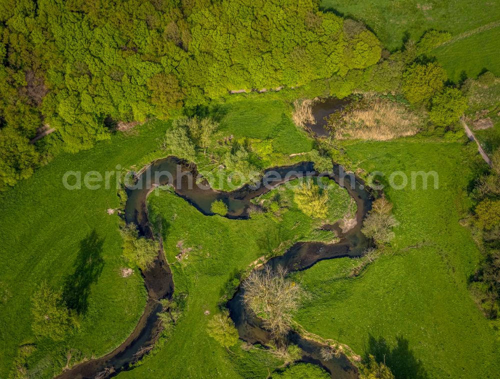 Aerial photograph Würselen - Grassland structures of a meadow and field landscape in the floodplain lowland along the Wurm river course on the Adamsmuehle road in Wuerselen in the federal state of North Rhine-Westphalia, Germany