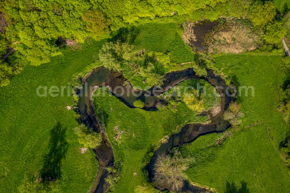 Aerial photograph Würselen - Grassland structures of a meadow and field landscape in the floodplain lowland along the Wurm river course on the Adamsmuehle road in Wuerselen in the federal state of North Rhine-Westphalia, Germany