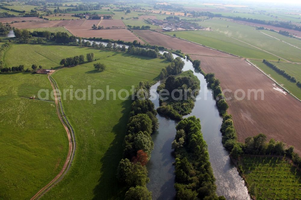 Massimbona from above - Grassland structures of a meadow and field landscape in the lowland on river Mincio in Massimbona in Veneto, Italy