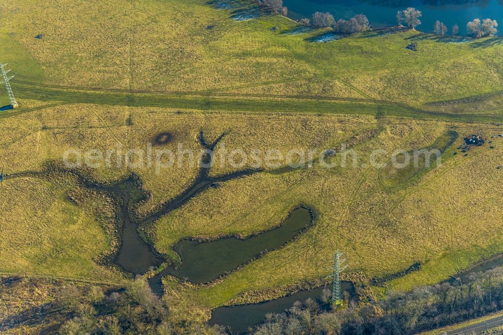 Aerial photograph Witten - Grassland structures of a meadow and field landscape in the lowland of NSG Ruhrauen in Witten in the state North Rhine-Westphalia, Germany