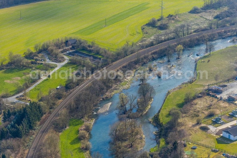 Arnsberg from above - Grassland structures of a meadow and field landscape in the lowland the Ruhr in the district Oeventrop in Arnsberg in the state North Rhine-Westphalia, Germany