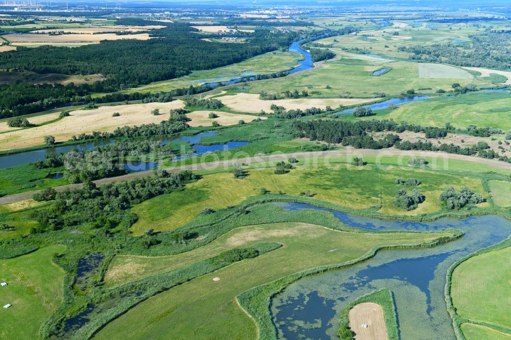 Schöneberg from above - Grassland structures of a meadow and field landscape in the lowland in Schoeneberg in the state Brandenburg, Germany