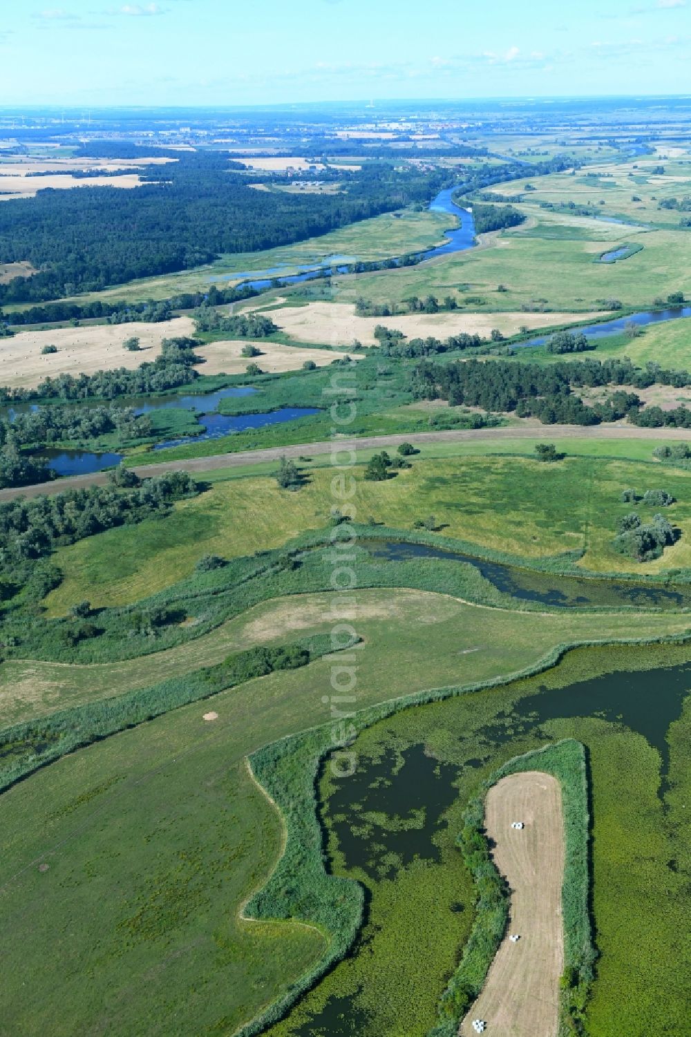 Schöneberg from the bird's eye view: Grassland structures of a meadow and field landscape in the lowland in Schoeneberg in the state Brandenburg, Germany