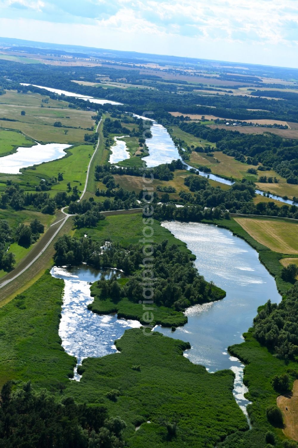 Stützkow from above - Grassland structures of a meadow and field landscape in the lowland in Stuetzkow in the state Brandenburg, Germany