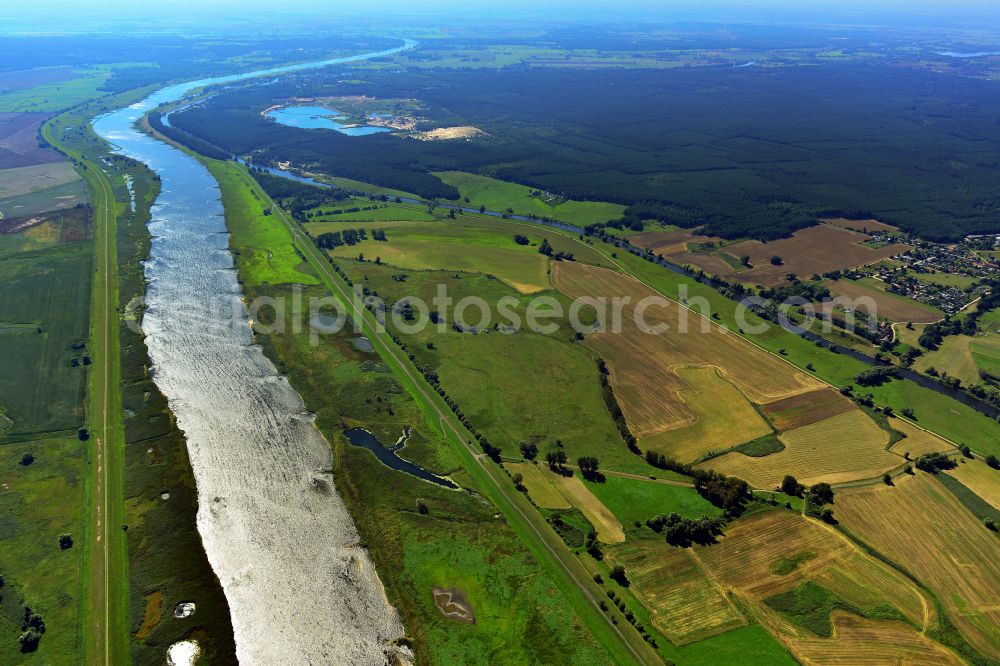 Aerial image Lunow - Grassland structures of a meadow and field landscape in the lowland on the banks of the river Oder in Lunow in the state Brandenburg, Germany