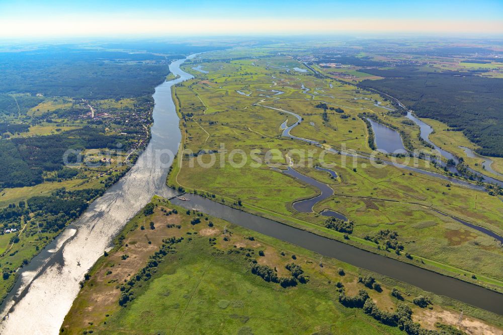 Aerial photograph Schwedt/Oder - Grassland structures of a meadow and field landscape in the lowland on the banks of the river Oder in Schwedt/Oder in the Uckermark in the state Brandenburg, Germany