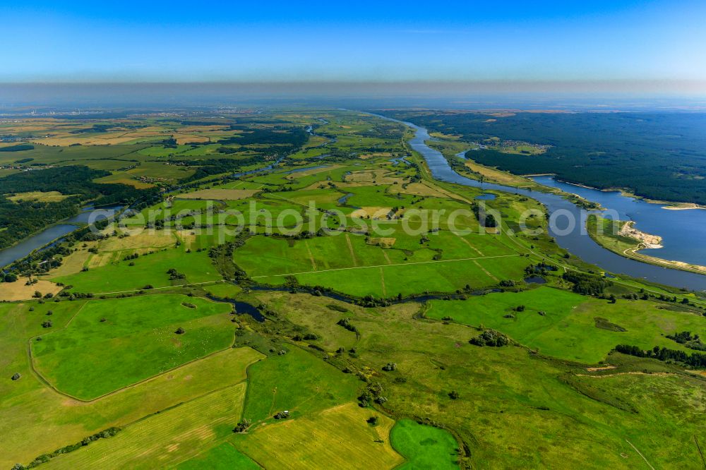 Stolzenhagen from the bird's eye view: Grassland structures of a meadow and field landscape in the lowland on the banks of the river Oder in Stolzenhagen in the state Brandenburg, Germany