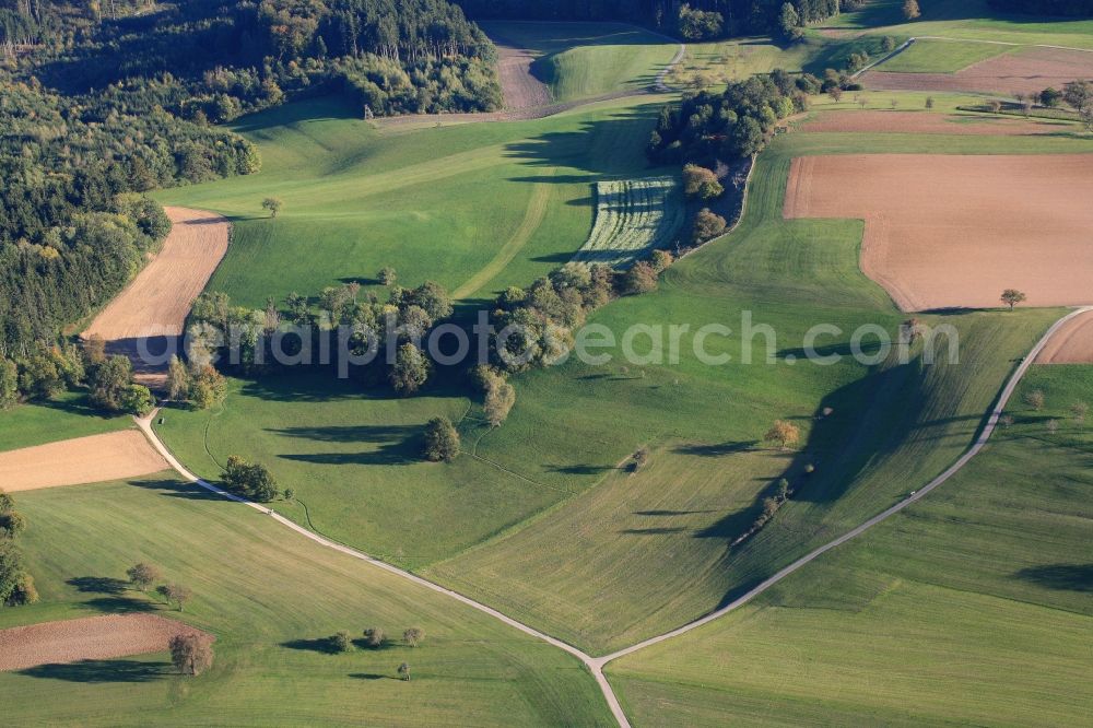 Aerial photograph Schopfheim - Structures and sinkholes in agricultural fields and forests in the karst landscape at Schopfheim in the state of Baden-Wuerttemberg. The area around the sporadically appearing Eichener lake is a nature reserve