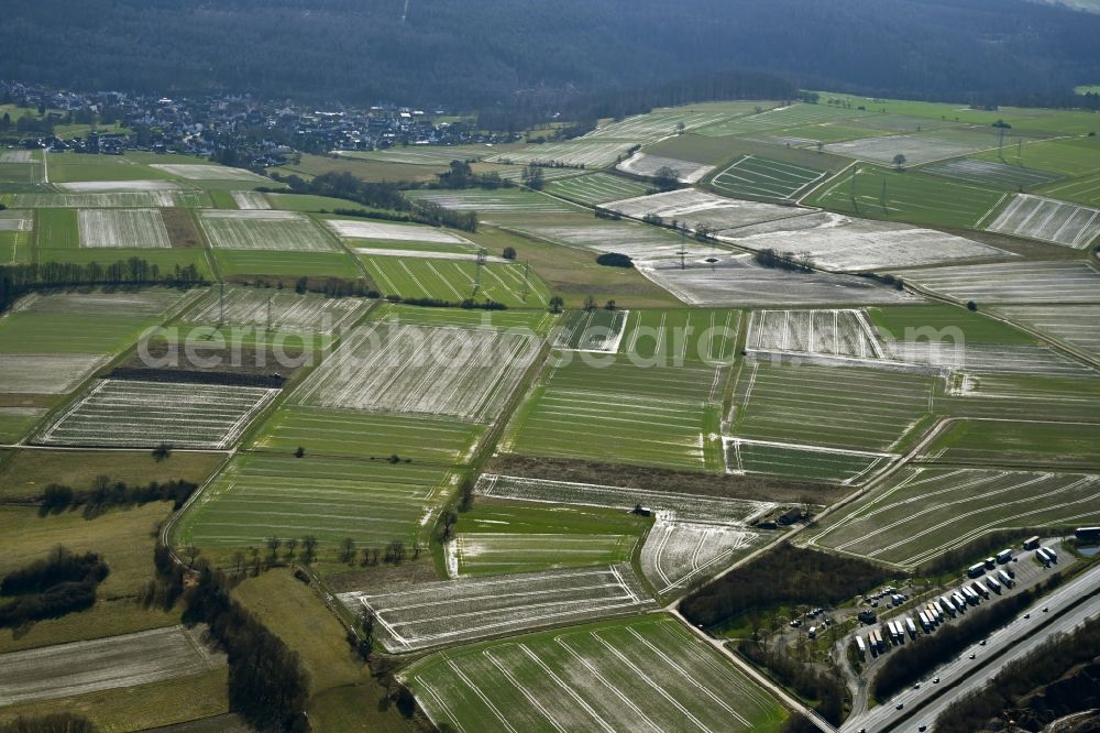 Benterode from above - Structures on agricultural fields in Benterode in the state Lower Saxony, Germany