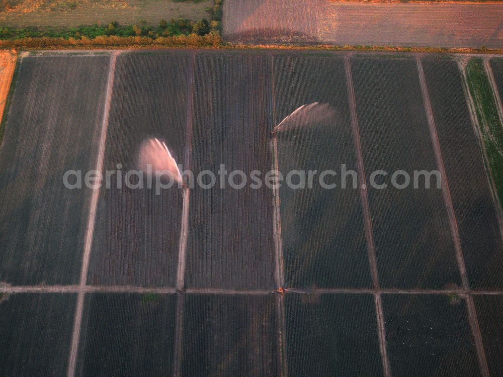 Velten from the bird's eye view: Structures on agricultural fields with Sprinkler systems in Velten in the state Brandenburg