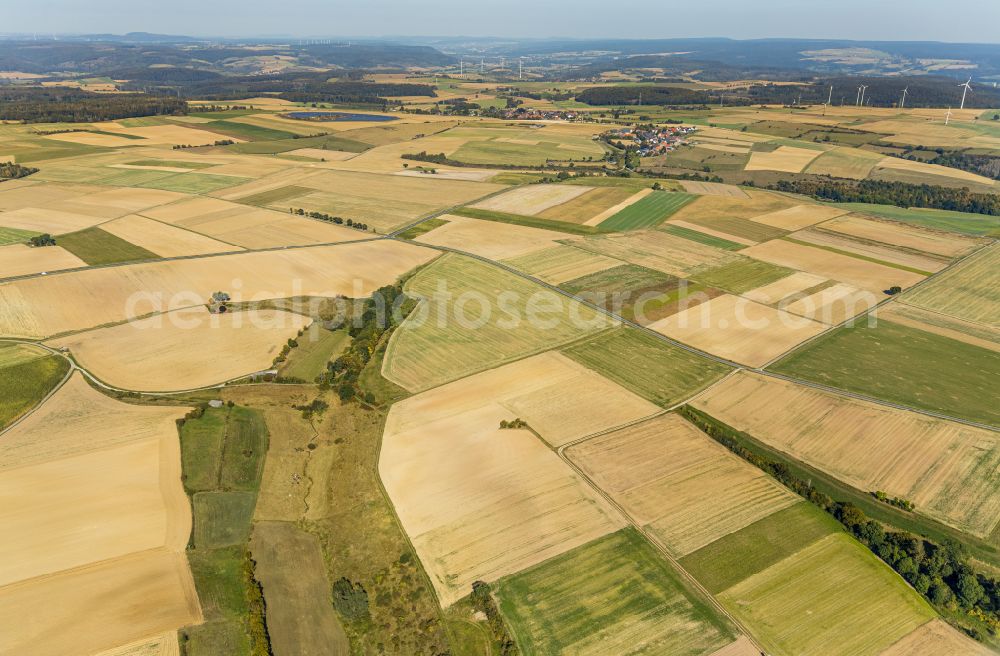 Borgholz from above - Structures on agricultural fields in Borgholz in the state North Rhine-Westphalia, Germany