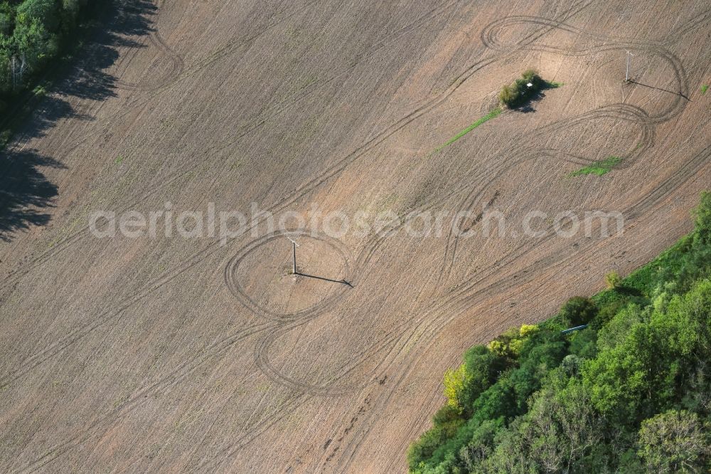 Deuben from the bird's eye view: Structures on agricultural fields in Deuben in the state Saxony-Anhalt, Germany