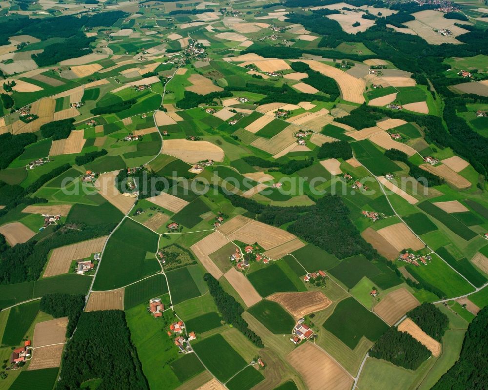 Dirnhub from the bird's eye view: Structures on agricultural fields in Dirnhub in the state Bavaria, Germany