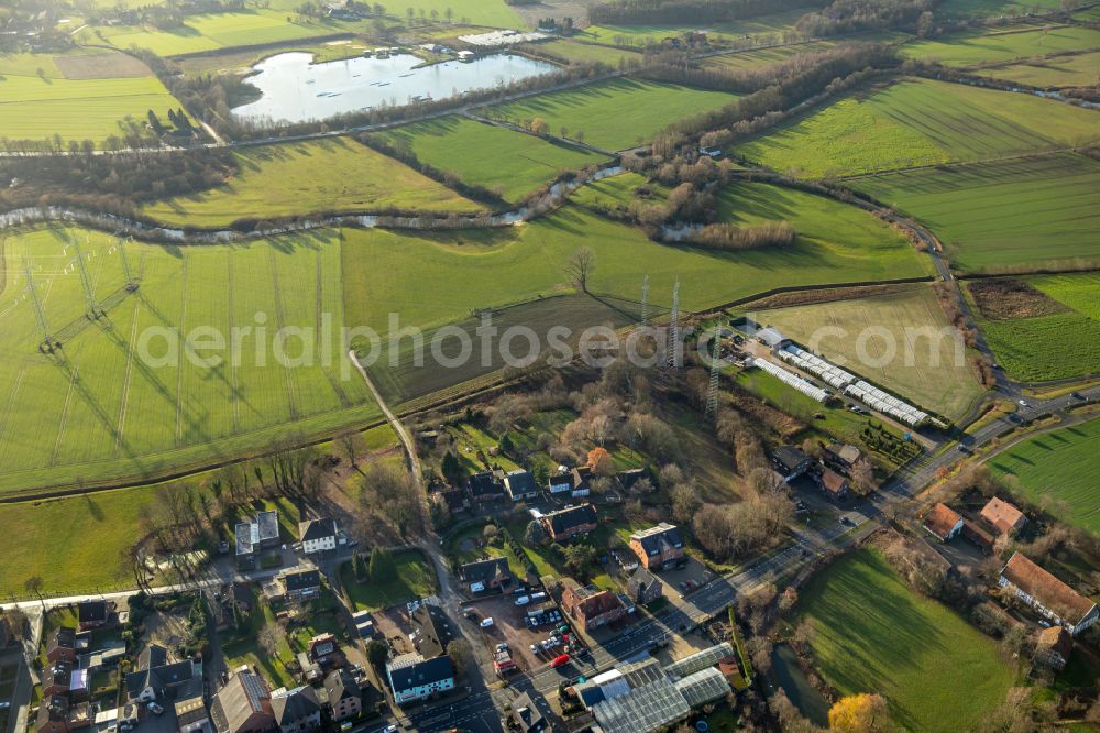 Dolberg from above - Structures on agricultural fields in Dolberg in the state North Rhine-Westphalia, Germany