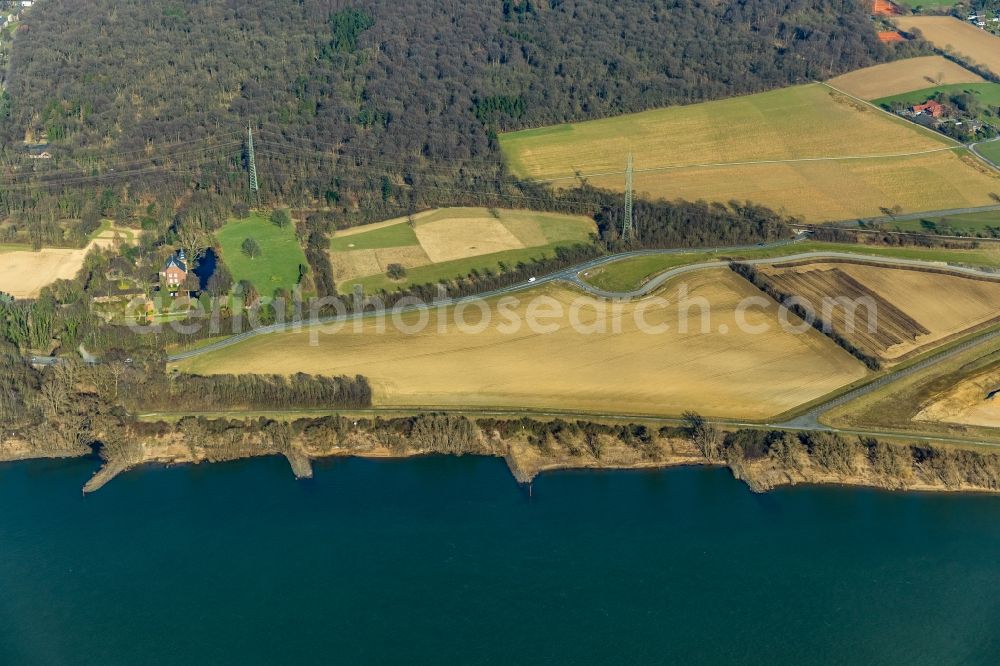 Eppinghoven from above - Structures on agricultural fields on Rhein in Eppinghoven in the state North Rhine-Westphalia, Germany