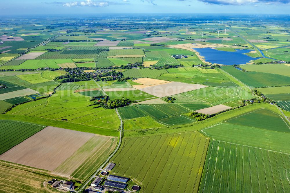 Fahretoft from above - Structures on agricultural fields in Fahretoft in the state Schleswig-Holstein, Germany