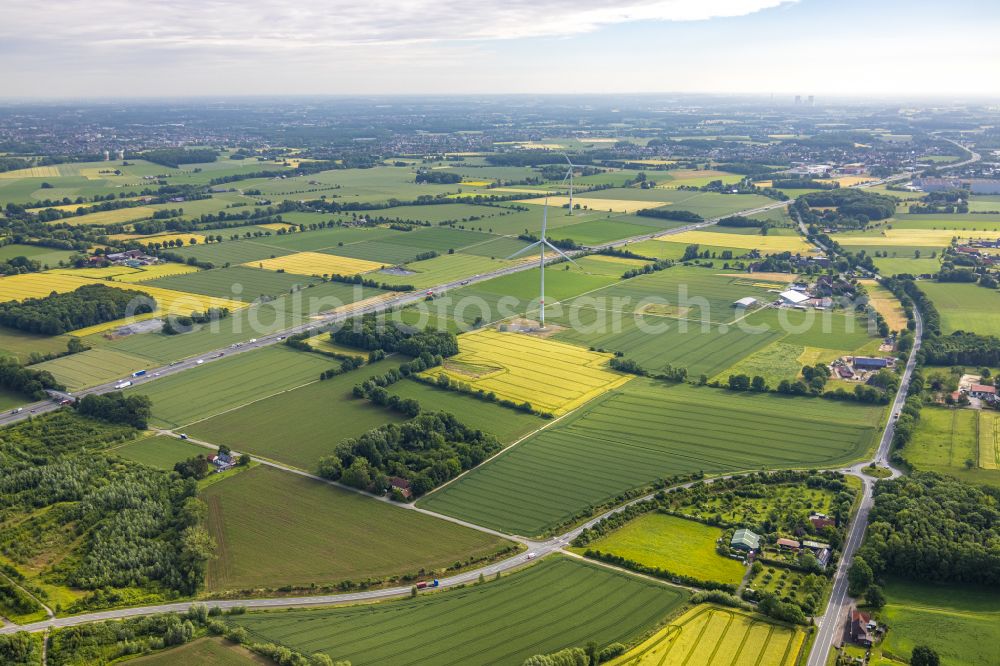 Freiske from above - Structures on agricultural fields in Freiske in the state North Rhine-Westphalia, Germany