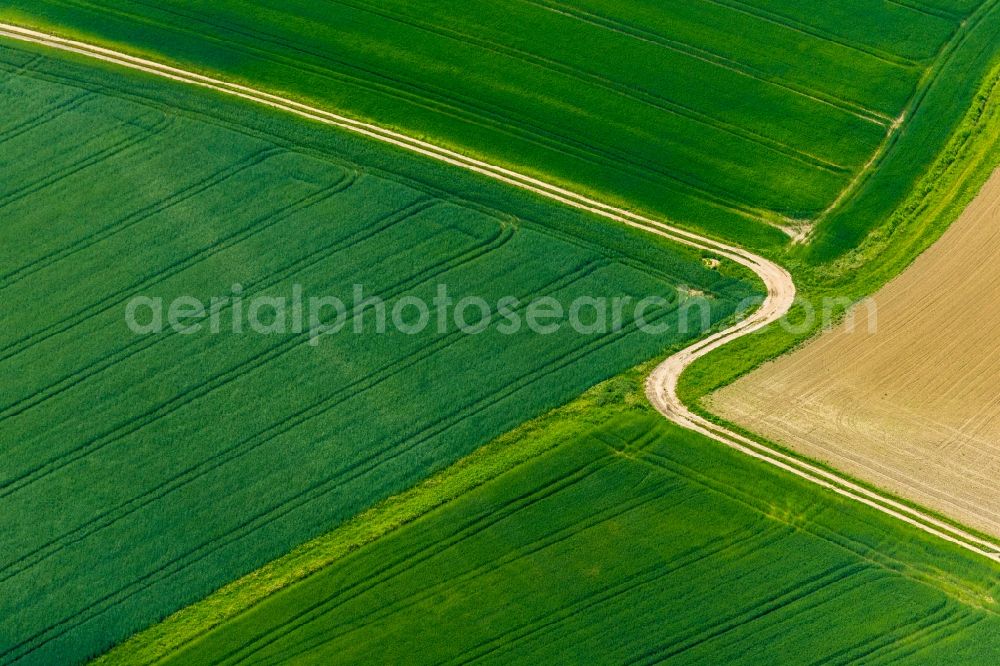 Lenklar from above - Structures on agricultural fields with tortuous field gone in Lenklar in the state North Rhine-Westphalia, Germany