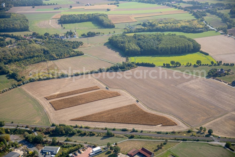 Hamm from above - Structures on agricultural fields along on train tracks in Hamm in the state North Rhine-Westphalia, Germany