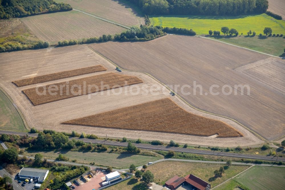 Hamm from the bird's eye view: Structures on agricultural fields along on train tracks in Hamm in the state North Rhine-Westphalia, Germany