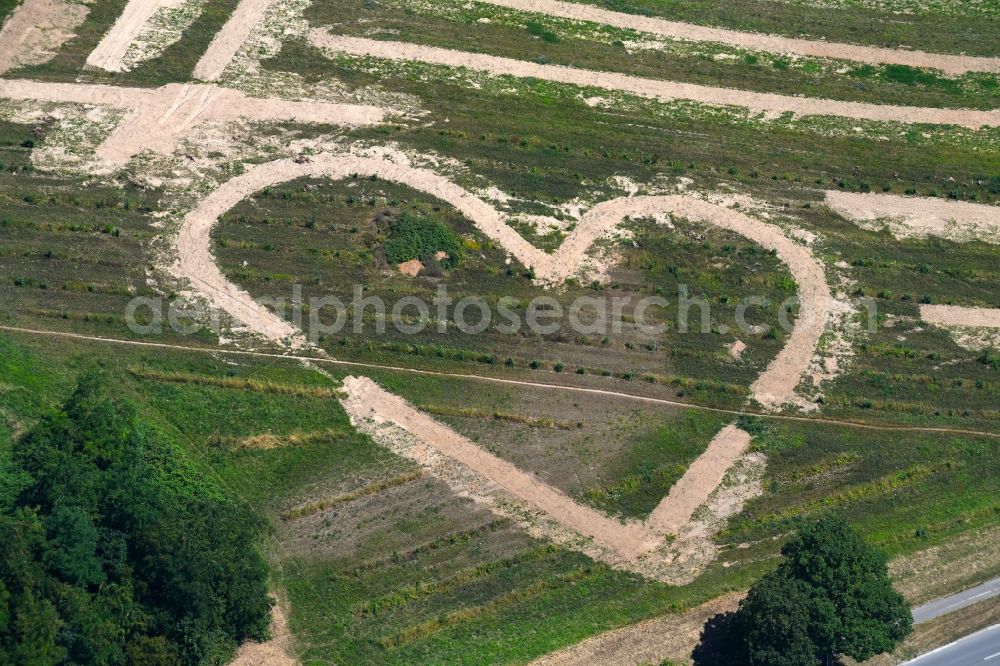 Aerial photograph Heilbronn - Structures on agricultural fields in heart shape in Heilbronn in the state Baden-Wurttemberg, Germany