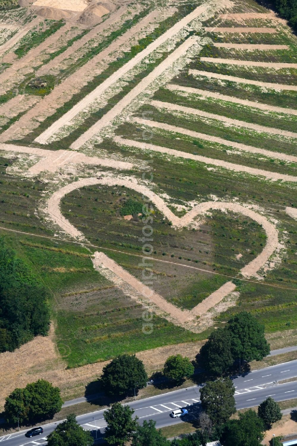 Heilbronn from the bird's eye view: Structures on agricultural fields in heart shape in Heilbronn in the state Baden-Wurttemberg, Germany