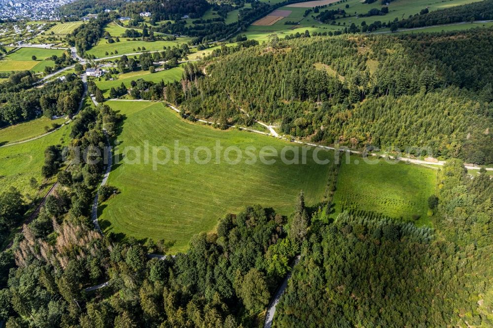 Brilon from the bird's eye view: Structures on agricultural fields in the forest area Am Haengeberg in the district Gudenhagen in Brilon in the state North Rhine-Westphalia, Germany