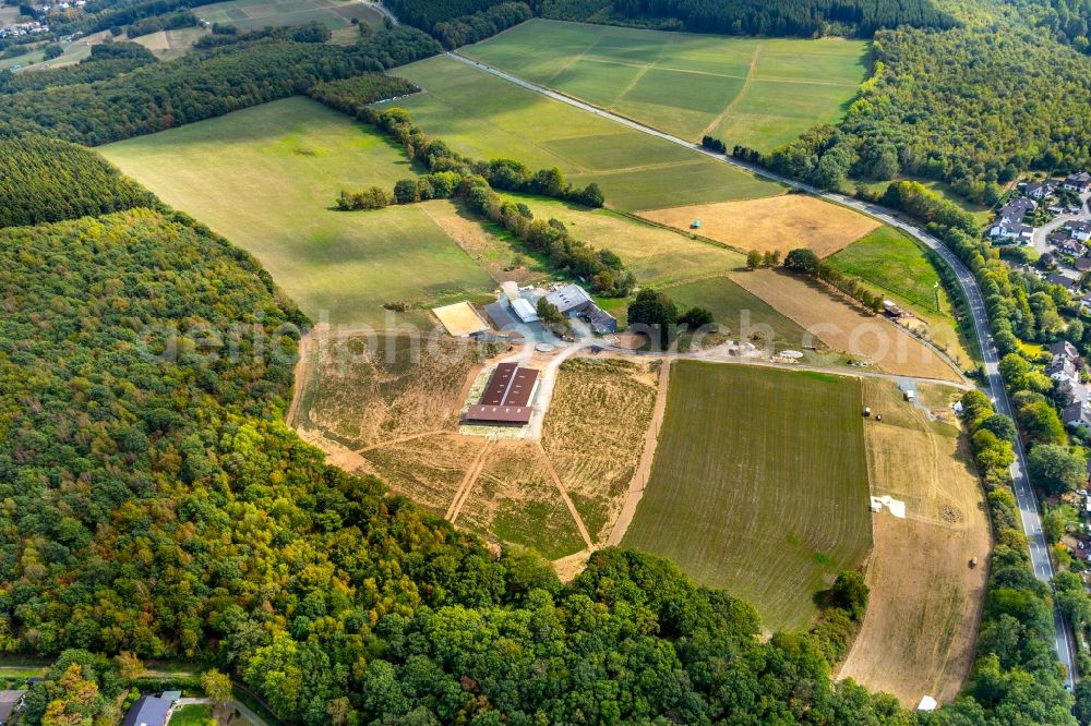 Wilnsdorf from above - Structures on agricultural fields on Hof Hohenroth - along the Einsiedelstrasse in Wilnsdorf in the state North Rhine-Westphalia, Germany