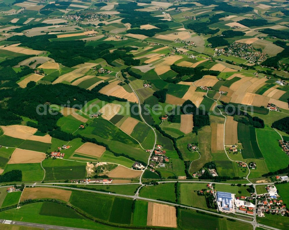 Hub from the bird's eye view: Structures on agricultural fields in Hub in the state Bavaria, Germany