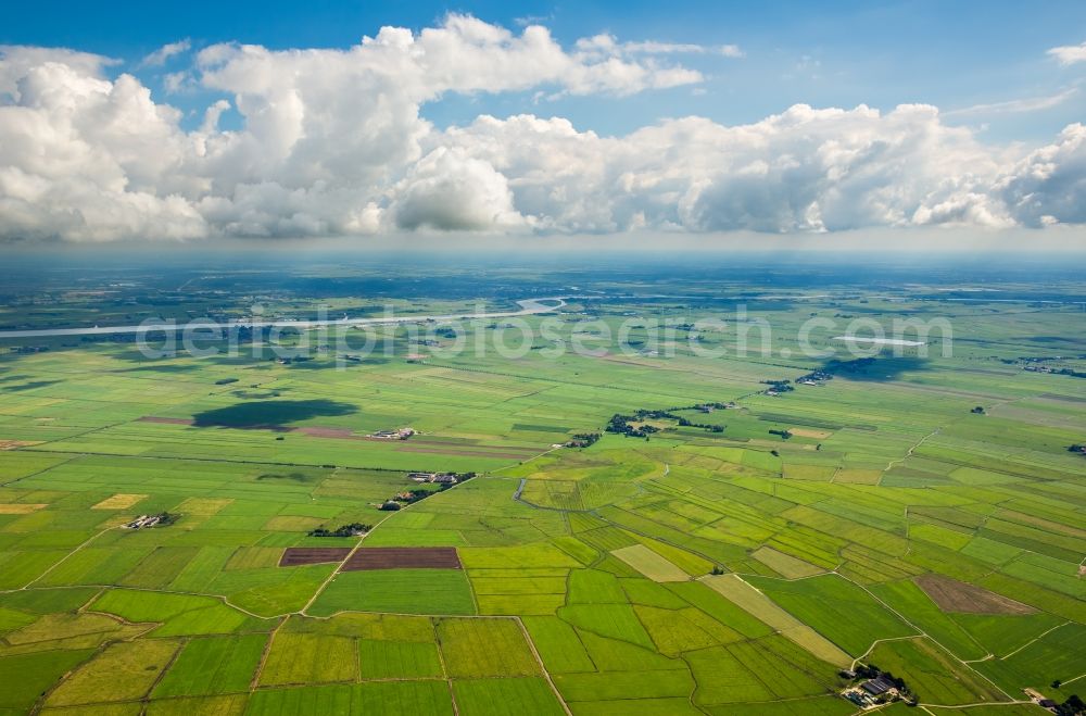 Jemgum from above - Structures on agricultural fields in Jemgum in the state Lower Saxony