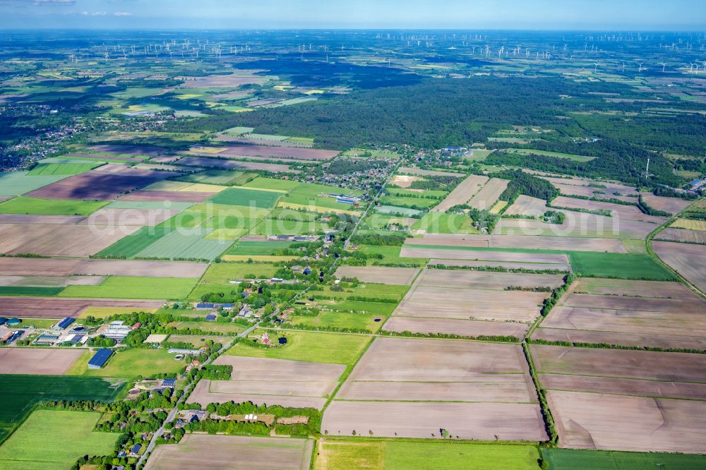 Klintum from above - Structures on agricultural fields in Klintum in the state Schleswig-Holstein, Germany