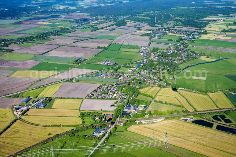 Klintum from above - Structures on agricultural fields in Klintum in the state Schleswig-Holstein, Germany