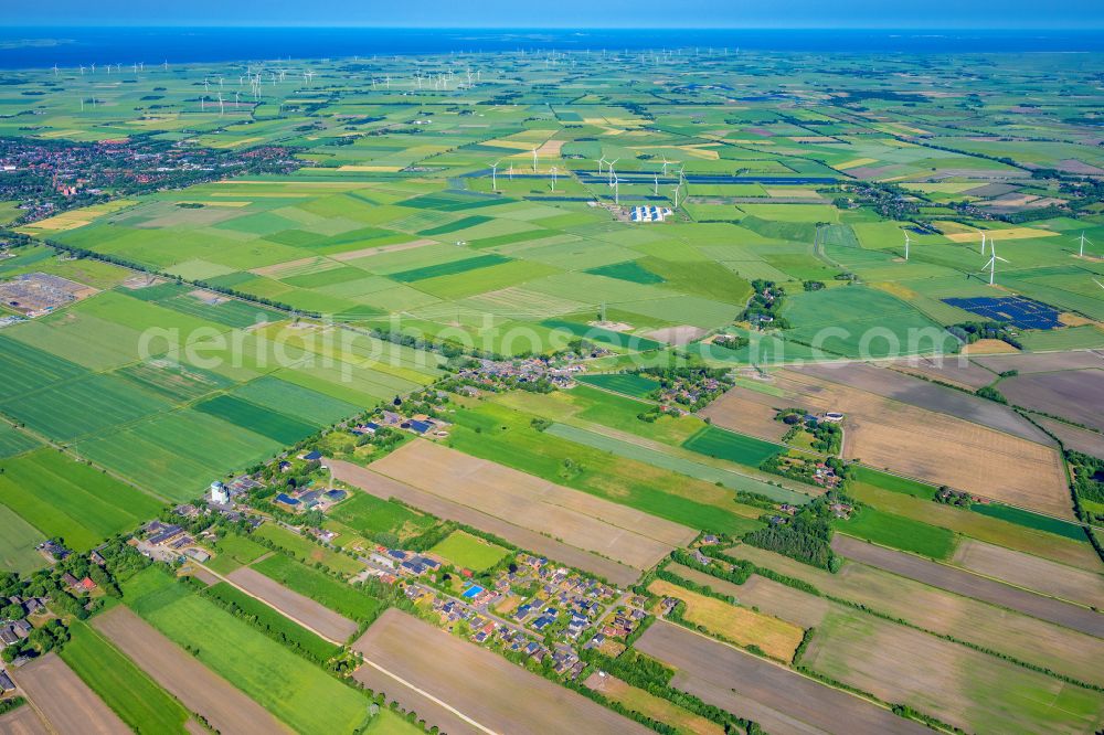 Klixbüll from the bird's eye view: Structures on agricultural fields in Klixbuell in the state Schleswig-Holstein, Germany