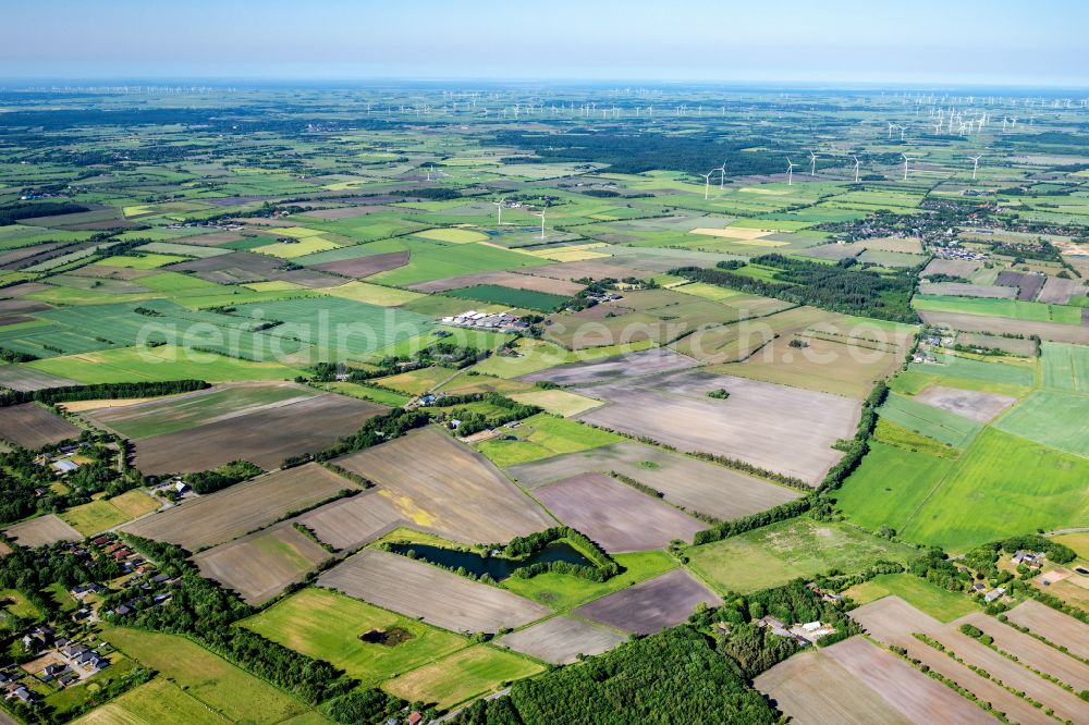 Ladelund from above - Structures on agricultural fields in Ladelund in the state Schleswig-Holstein, Germany