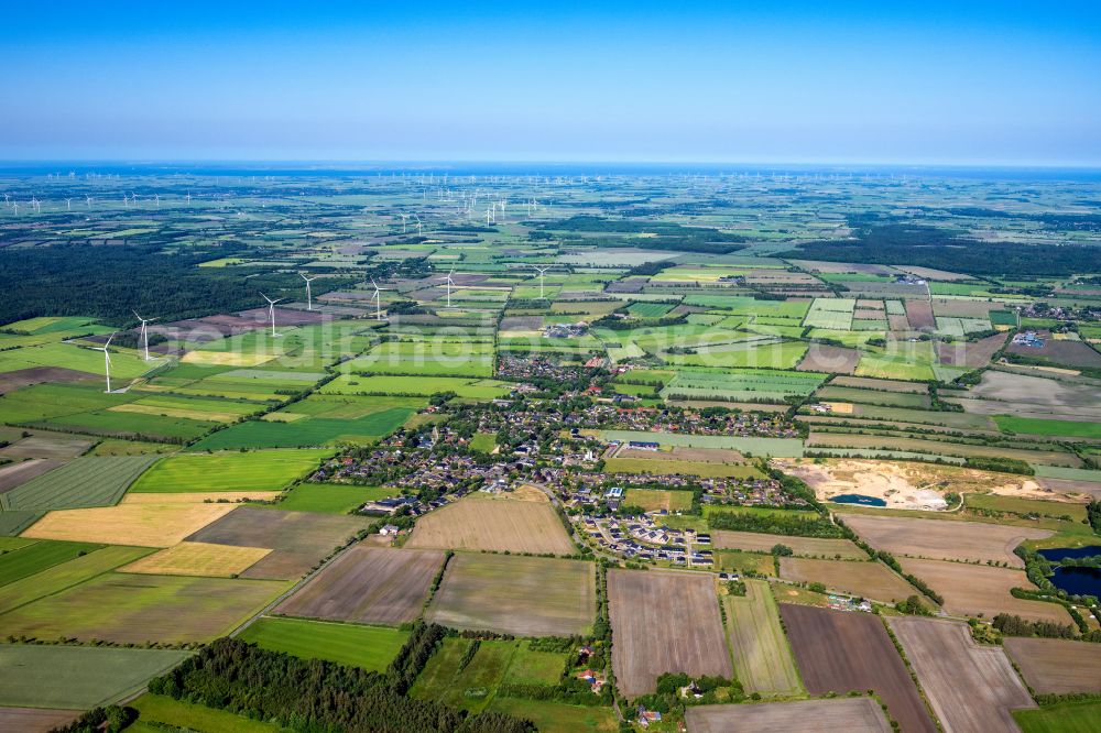 Ladelund from above - Structures on agricultural fields in Ladelund in the state Schleswig-Holstein, Germany