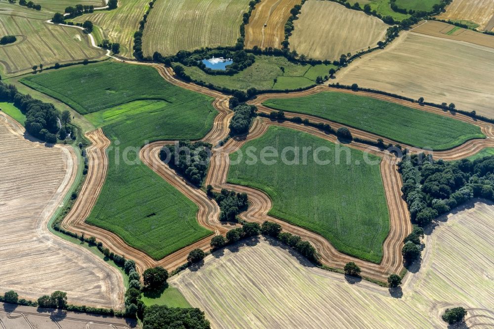 Merkendorf from above - Structures on agricultural fields in Merkendorf in the state Schleswig-Holstein, Germany