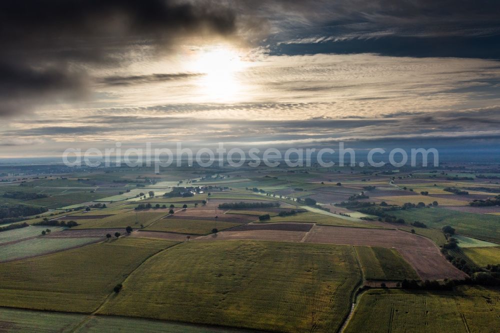 Kapellen-Drusweiler from above - Structures on agricultural fields at morning light in Kapellen-Drusweiler in the state Rhineland-Palatinate, Germany