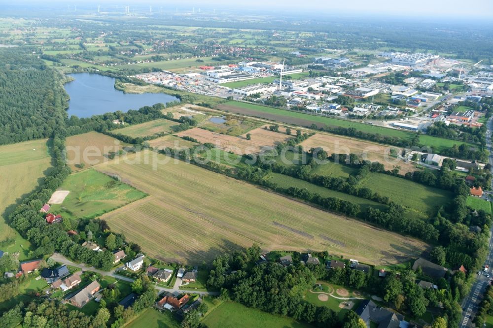 Aerial image Aurich - Structures on agricultural fields near the industrial estate Sandhorst in Aurich in the state Lower Saxony