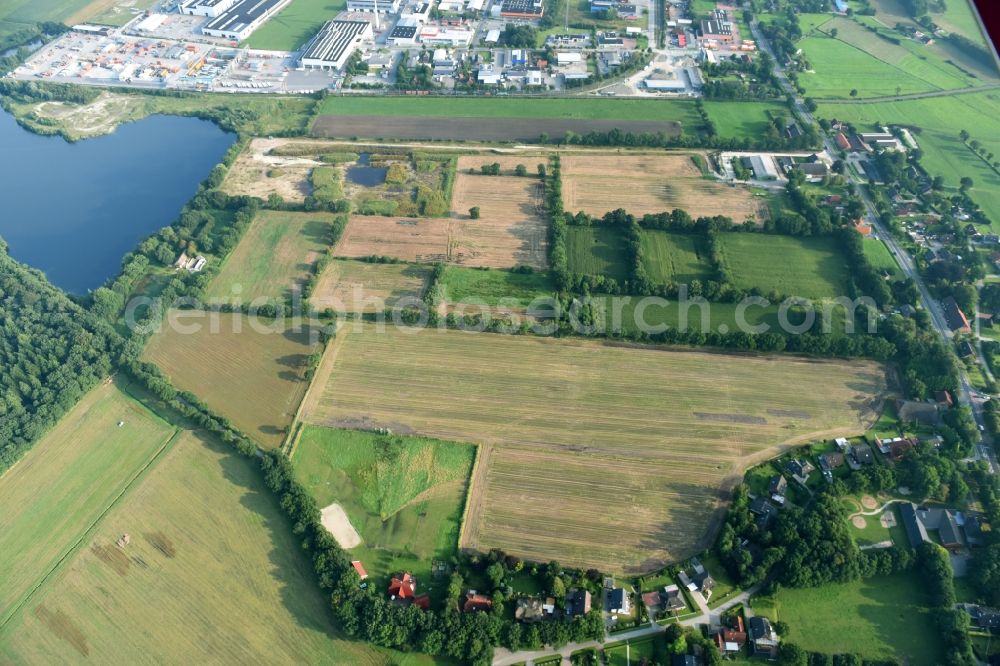 Aurich from above - Structures on agricultural fields near the industrial estate Sandhorst in Aurich in the state Lower Saxony