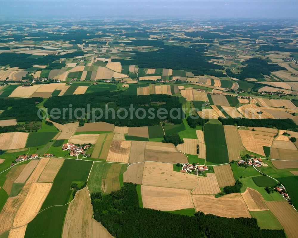 Oberalmsham from the bird's eye view: Structures on agricultural fields in Oberalmsham in the state Bavaria, Germany