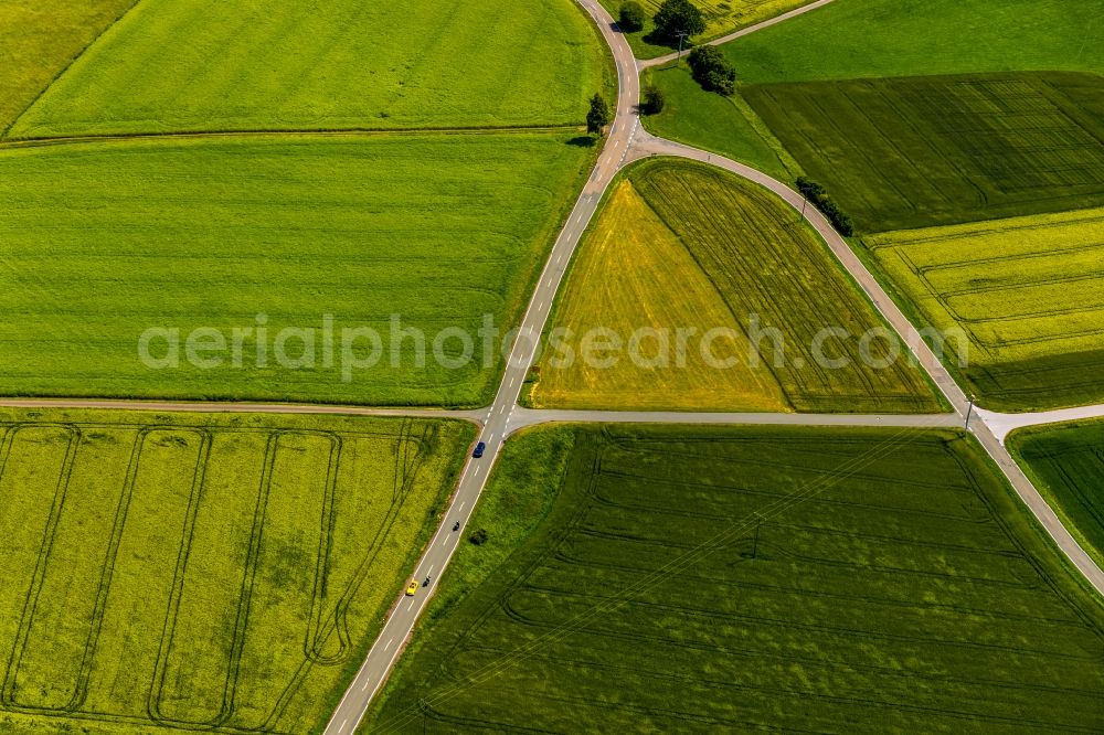 Obernburg from above - Structures on agricultural fields in Obernburg in the state Hesse, Germany